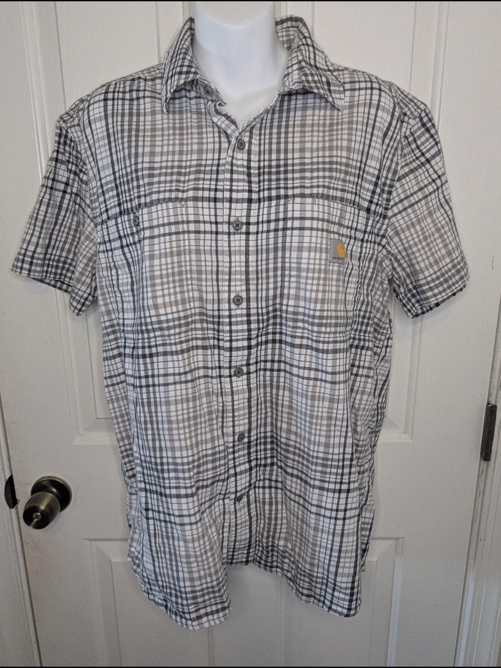 Men’s Relaxed Fit Carhartt Plaid Button Up Short Sleeve Medium Shirt Rugged Flex